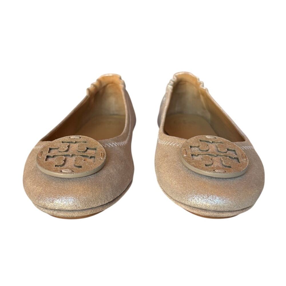 Tory Burch "Minnie" Leather Travel Ballet Flats w Metallic Silver Finish size 8 - Picture 3 of 15
